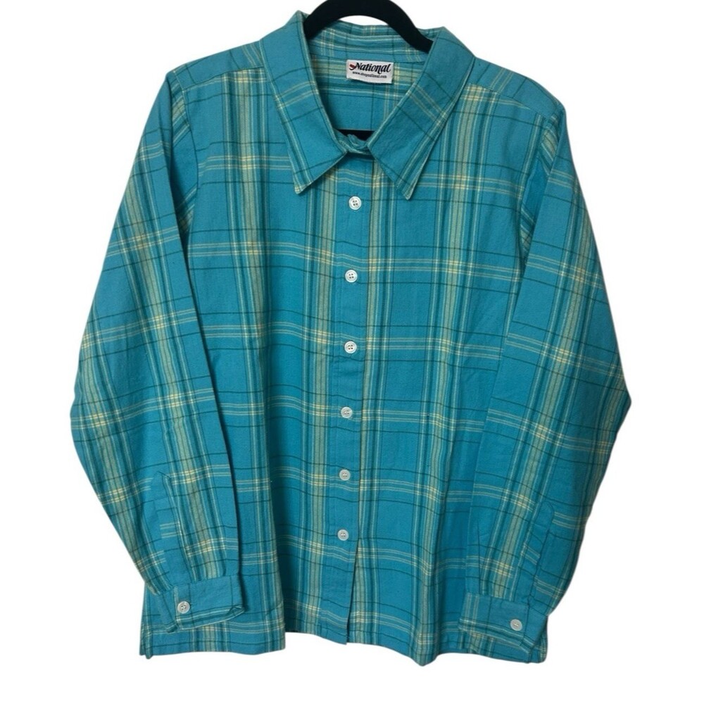 National Womens Sz L Plaid Blue Yellow Button Down Cotton Long Sleeves Top